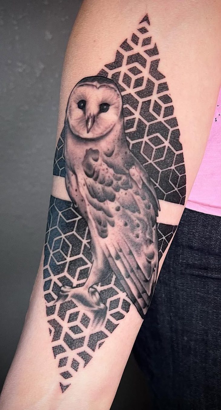 Owl & Geometry tattoo by Ebb and Flow