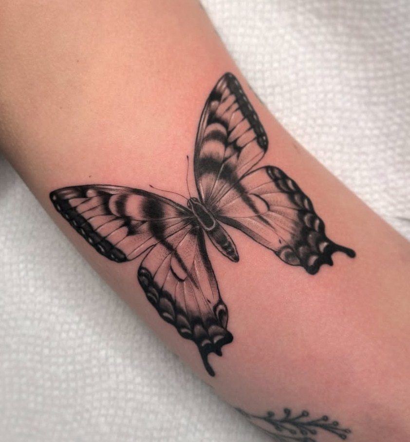 Black & Grey Butterfly tattoo by Lexi at Ebb and Flow